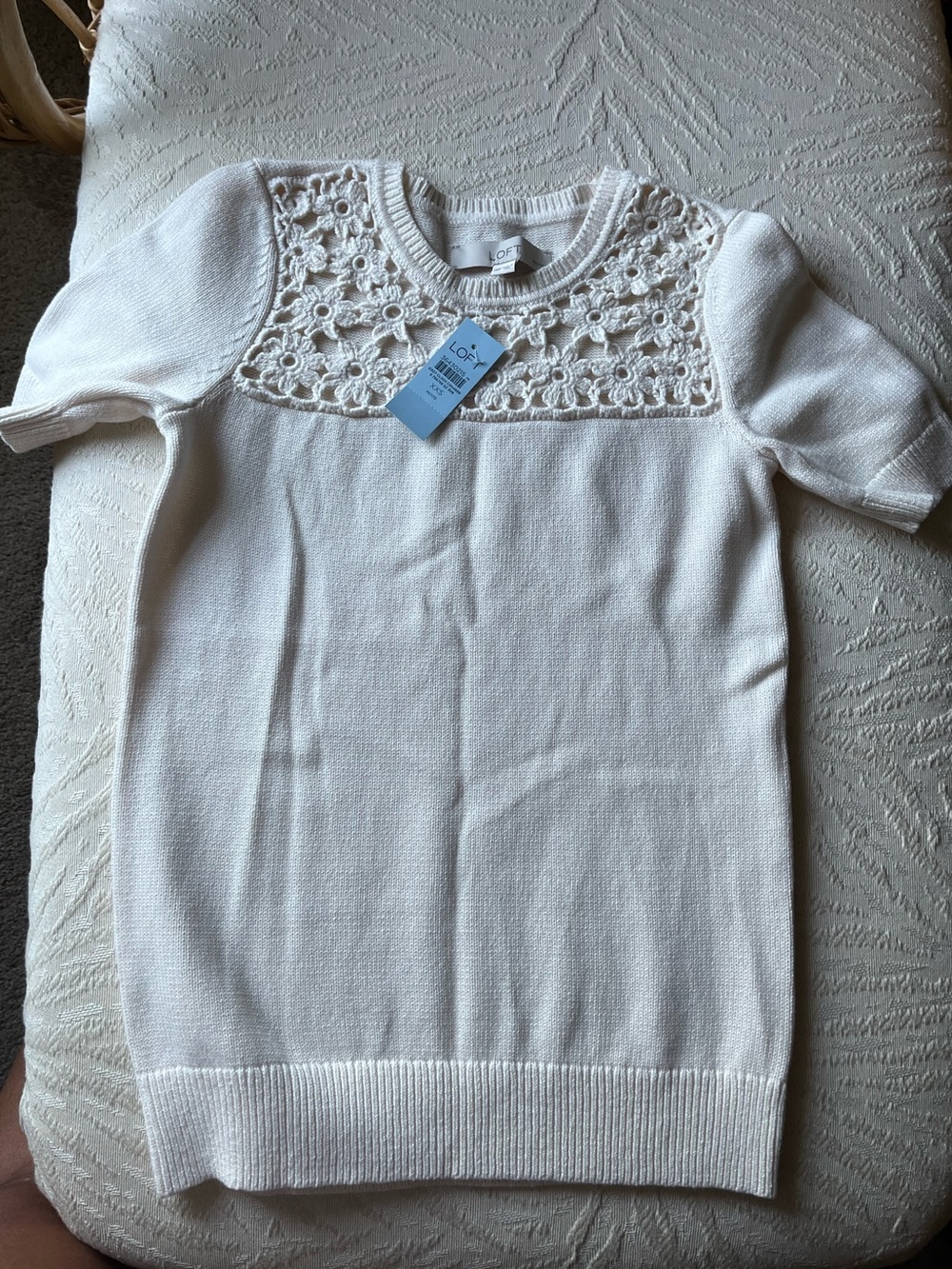LOFT 100% Cotton Cream Crochet Yoke Short Sleeve Sweater